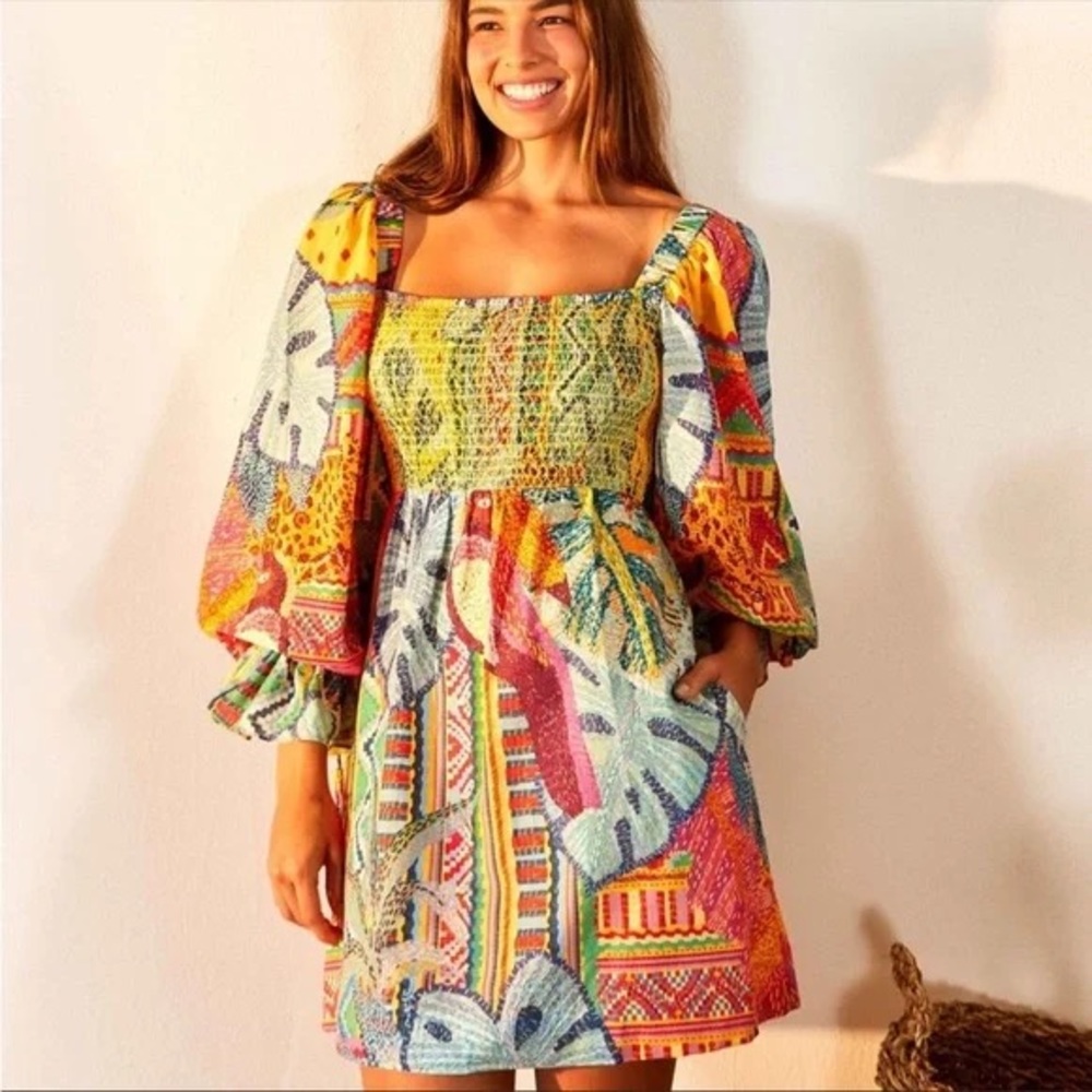Farm Rio summer tapestry square neck mini dress, size small